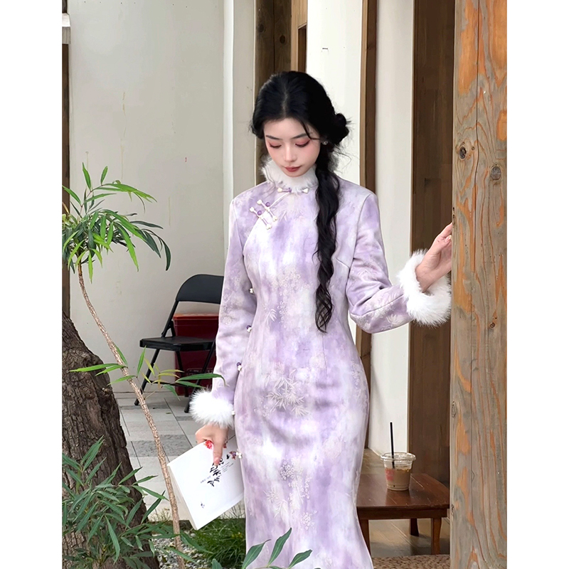 故双栖改良紫色长袖复古旗袍