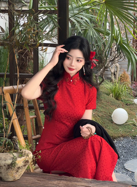 故双栖【花晨月夕】新中式红色旗袍女短袖订婚结婚敬酒服2026新款