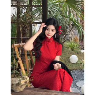 故双栖【花晨月夕】新中式红色旗袍女短袖订婚结婚敬酒服2026新款