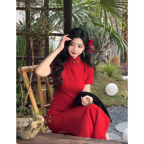 故双栖新中式红色短袖旗袍敬酒服
