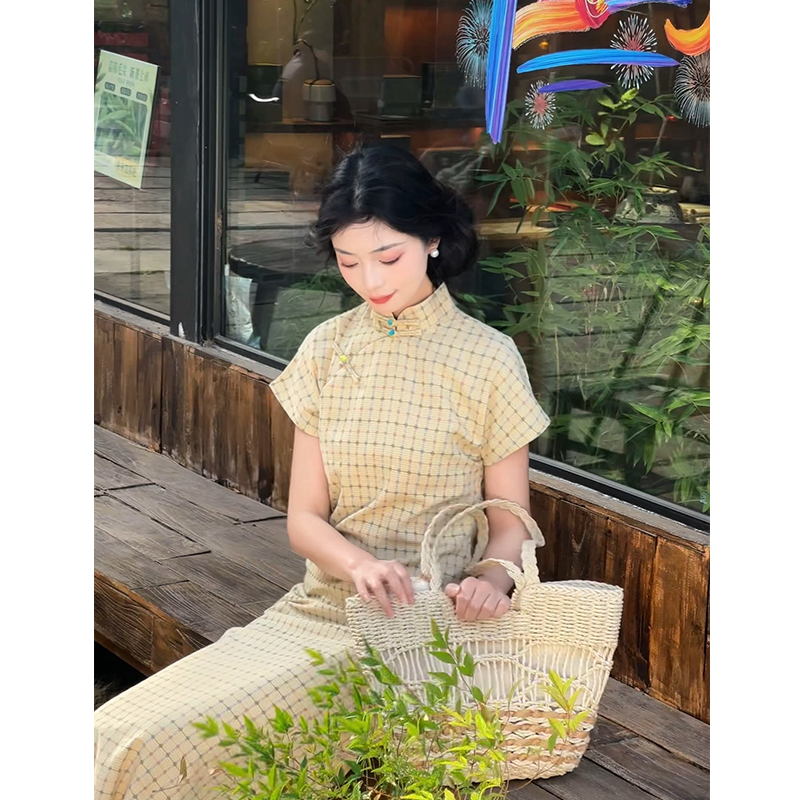 故双栖【桐清】中式古法全开襟文艺旗袍女夏改良年轻款黄色连衣裙