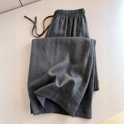灰色棉麻松紧腰阔腿裤女夏季2025新款今年流行爆款垂感休闲直筒裤