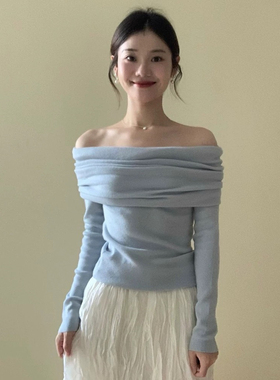 蓝色单线领无肩长袖针织衫女士春秋季高底修身内层衬衫与锁骨暴露