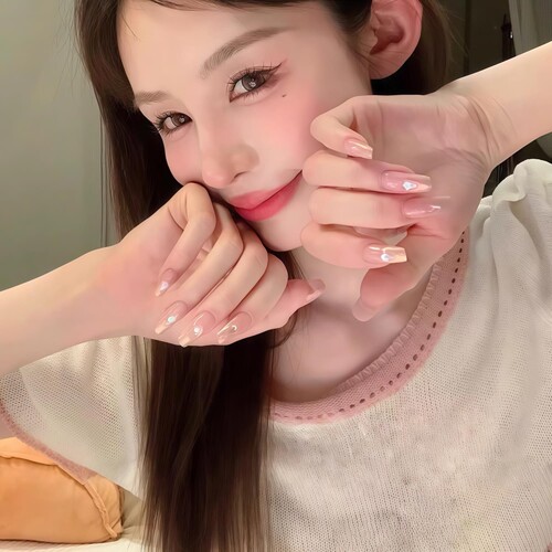 海莉同款纯欲风温柔裸色极光粉渐变极光钻手工穿戴美甲孕妇婚甲