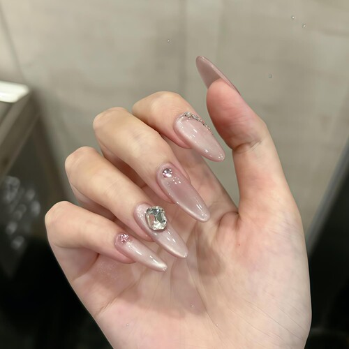 纯手工穿戴甲高级感晶石猫眼爆闪碎钻显白指甲中长款亮晶晶婚甲