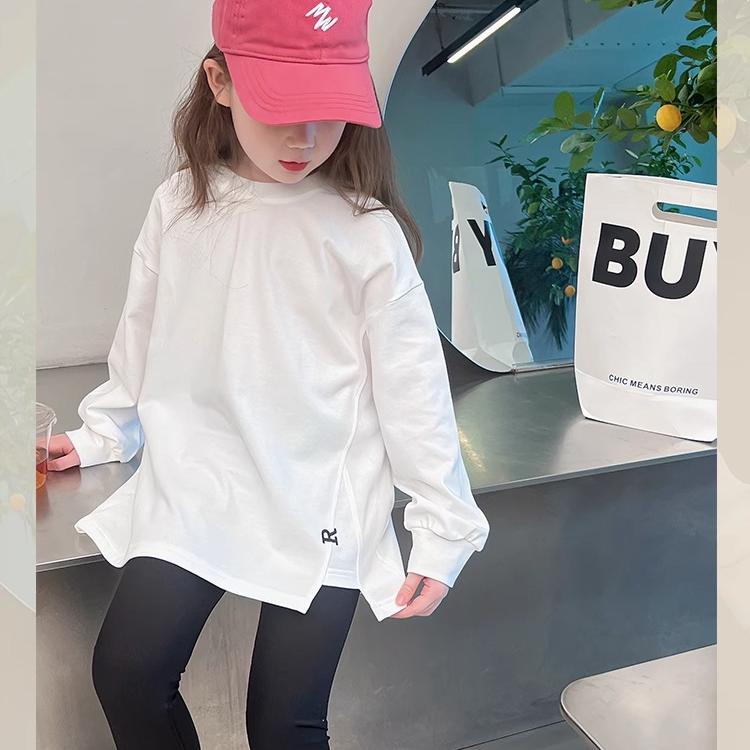 儿童中长款白t恤女童洋气上衣大童装长袖打底衫女孩2025春装新款