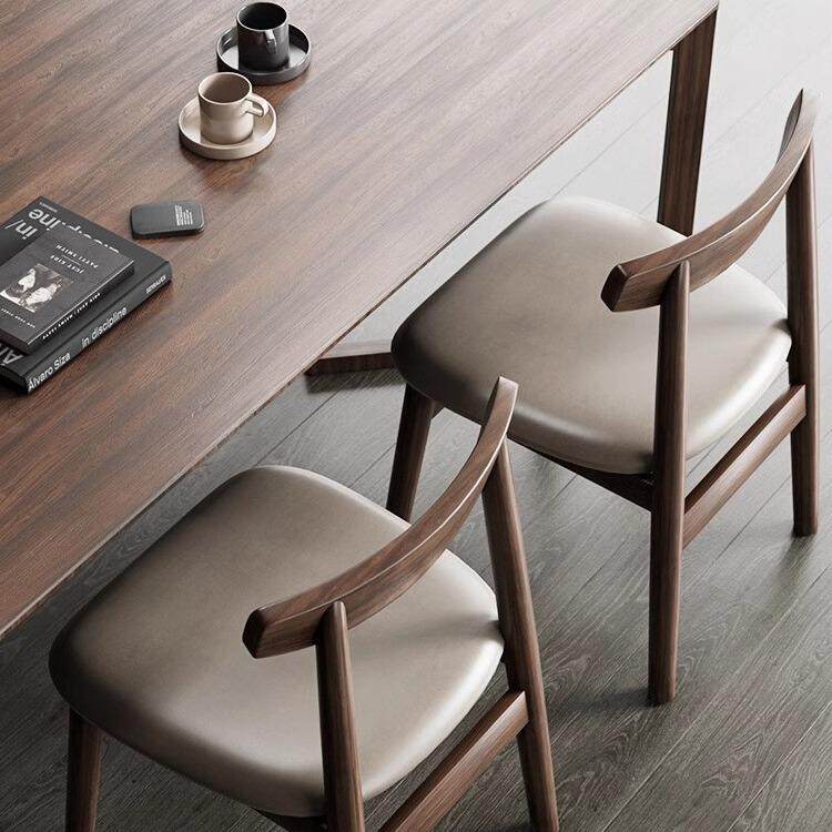 家用实木餐椅胡桃木餐桌椅子中古风茶桌牛角椅餐厅凳子靠背书桌椅