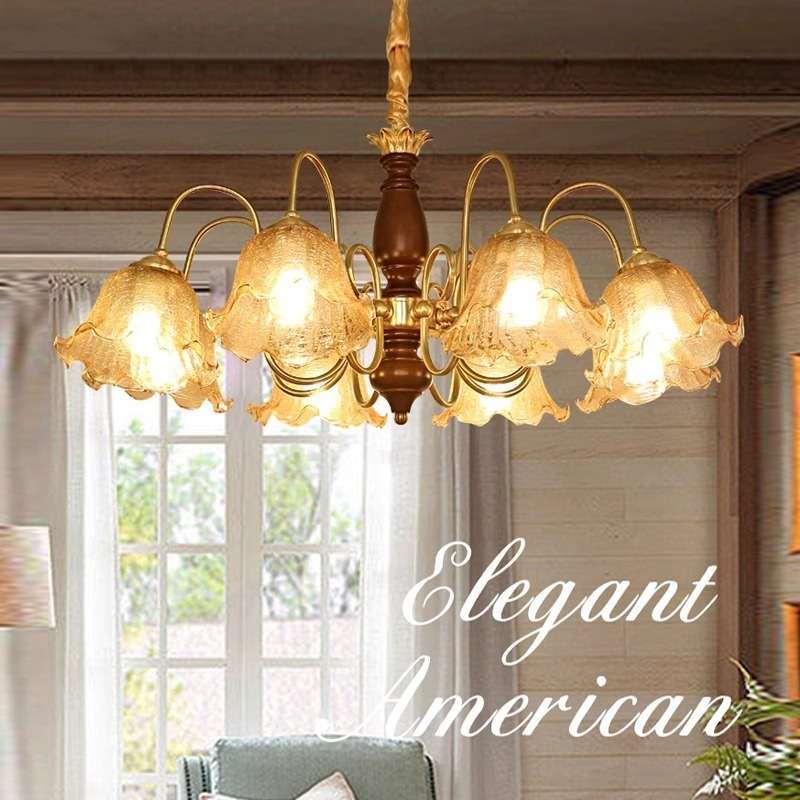 全铜中古玻璃吊灯vintag复古卧室书房美式胡桃木花朵客厅餐厅灯具