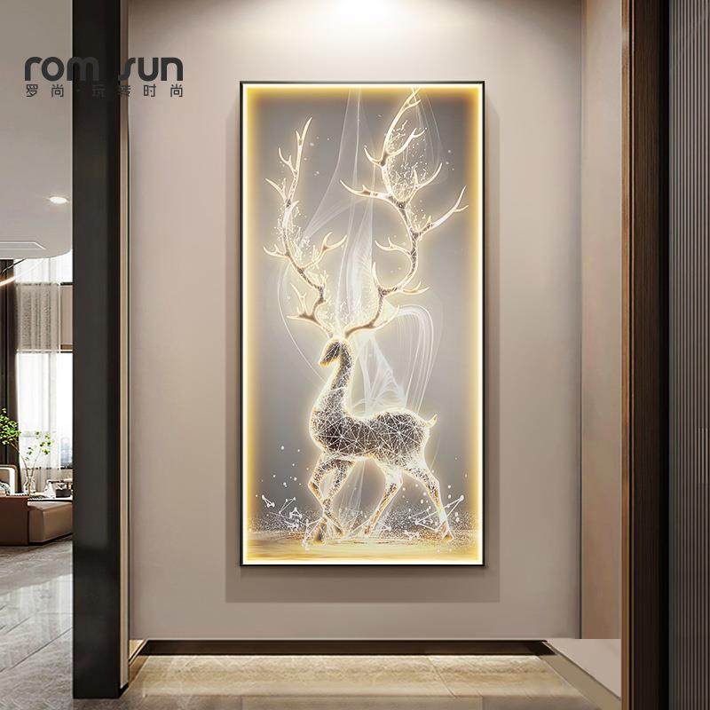 高级感入户玄关装饰画led灯轻奢客厅壁画鹿寓意好走廊过道墙挂画