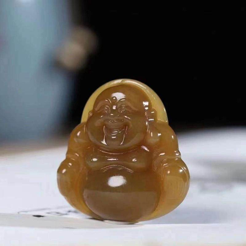 天然新疆和田玉玉器供应链且末糖料老料满糖色弥勒佛吊坠笑佛挂件