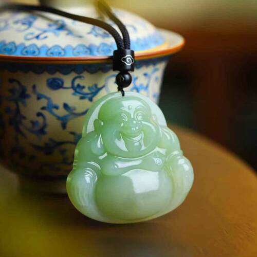 天然新疆和田玉玉器工厂青海料老料飘翠色玉石大肚弥勒佛吊坠挂件