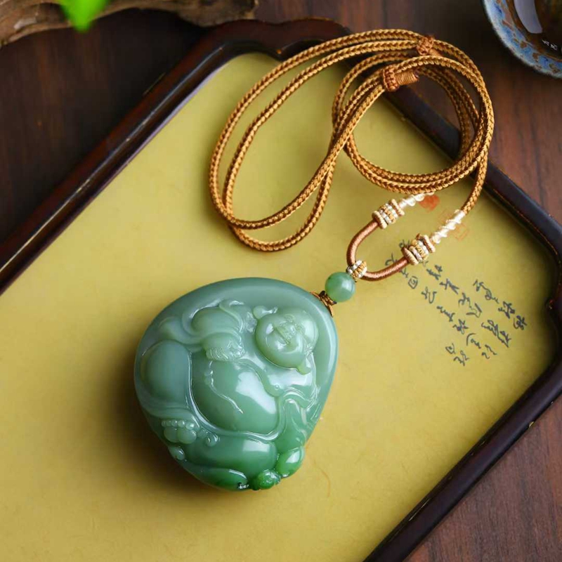 天然和田玉玉器工厂店俄料碧玉老料工艺品玉石弥勒佛吊坠挂件带证