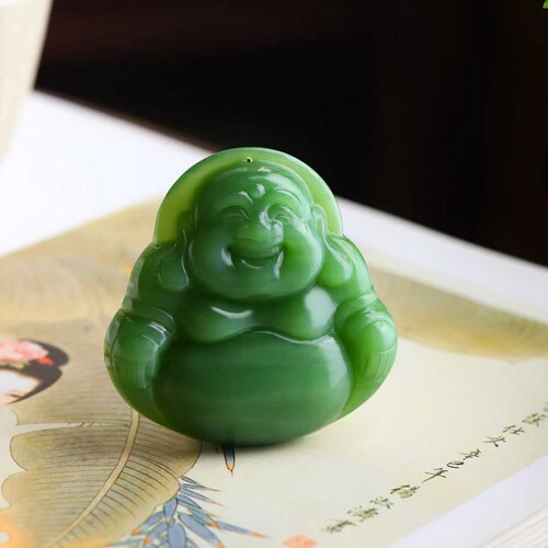天然新疆和田玉玉器工厂店俄料碧玉老料大肚弥勒佛玉石吊坠挂件