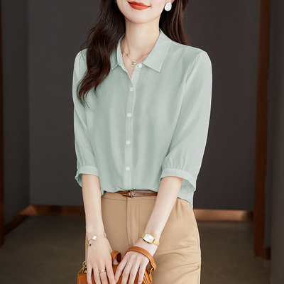 2025年夏季新款宽松版七分袖职业装100%桑蚕丝衬衫女百搭真丝上衣