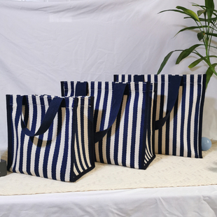 拉链帆布包女上班族手拎包大容量条纹单肩手提袋子外出时尚购物袋