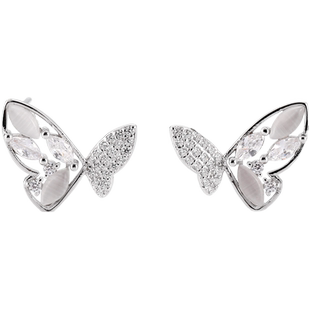 XXOFF耳钉小众设计感高级925银锆石猫眼石镶嵌蝴蝶耳钉耳环女生