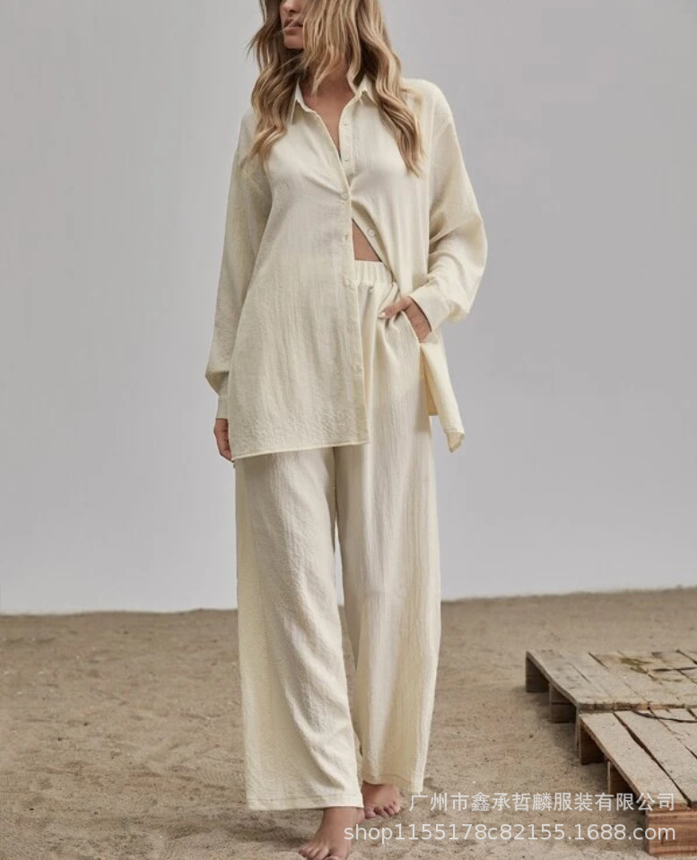 2022 Long Sleeve Linen Shirt and Wide Leg Pants Suit Women