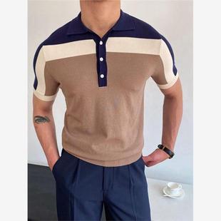 Shirt 潮Men 2024夏季 拼接针织衫 大码 外贸男装 polo衫 撞色短袖
