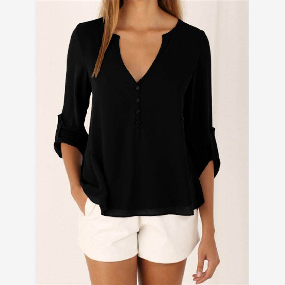 V-neck sexy long-sleeved shirt with irregular waist修身衬衫