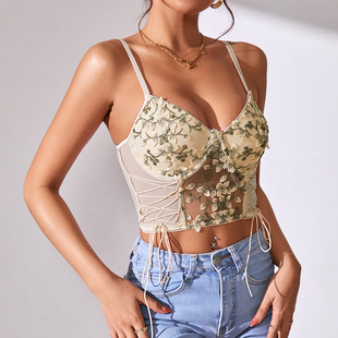 Corset Bustier Flower Embroi Lace Tank Mesh Sexy Top Corsets