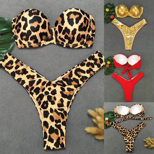 Padded Bra Bikini Set Swimsuit Women Bandage Push-up Leopard