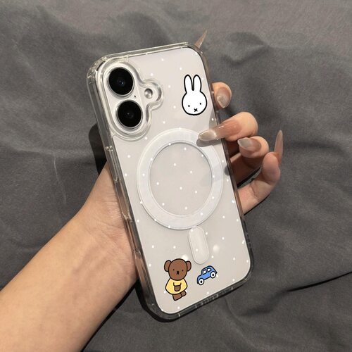 波点蓝色小车白色小兔子适用于苹果iphone17/17p/16plus磁吸壳15/14/13p可爱高透大孔