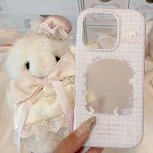 可爱格纹小兔子适用于苹果16 17大孔14简约13promax手机壳12磨砂软壳放小卡