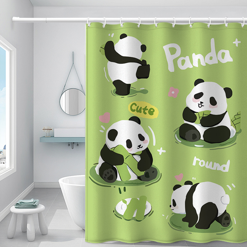 2024踏青熊猫卫生间隔断防水洗澡布帘免打孔套装加重铅坠卧室窗帘
