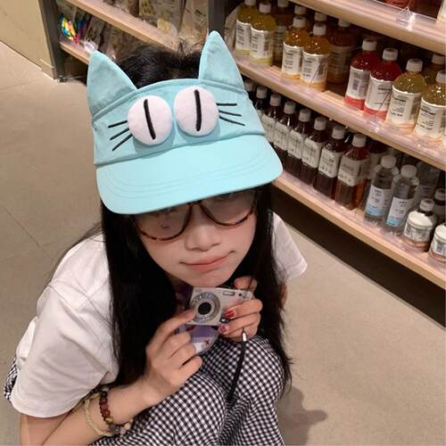 海盐薄荷蓝绿大眼仔空顶帽女2026夏季卡通可爱小猫耳朵遮阳防晒帽