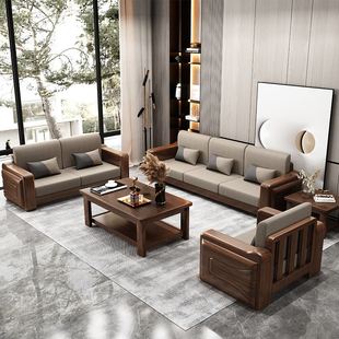 新中式 实木沙发组合家具简约家用布艺冬夏两用实木沙发床客厅家具