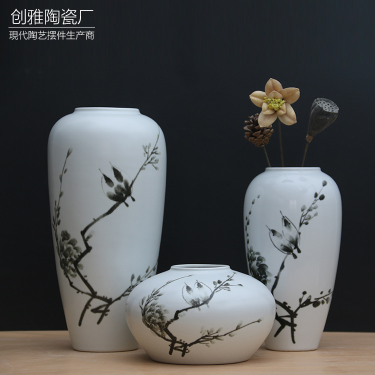 中国水墨风陶瓷花瓶 手绘花瓶三件套 家居台面摆件工艺品