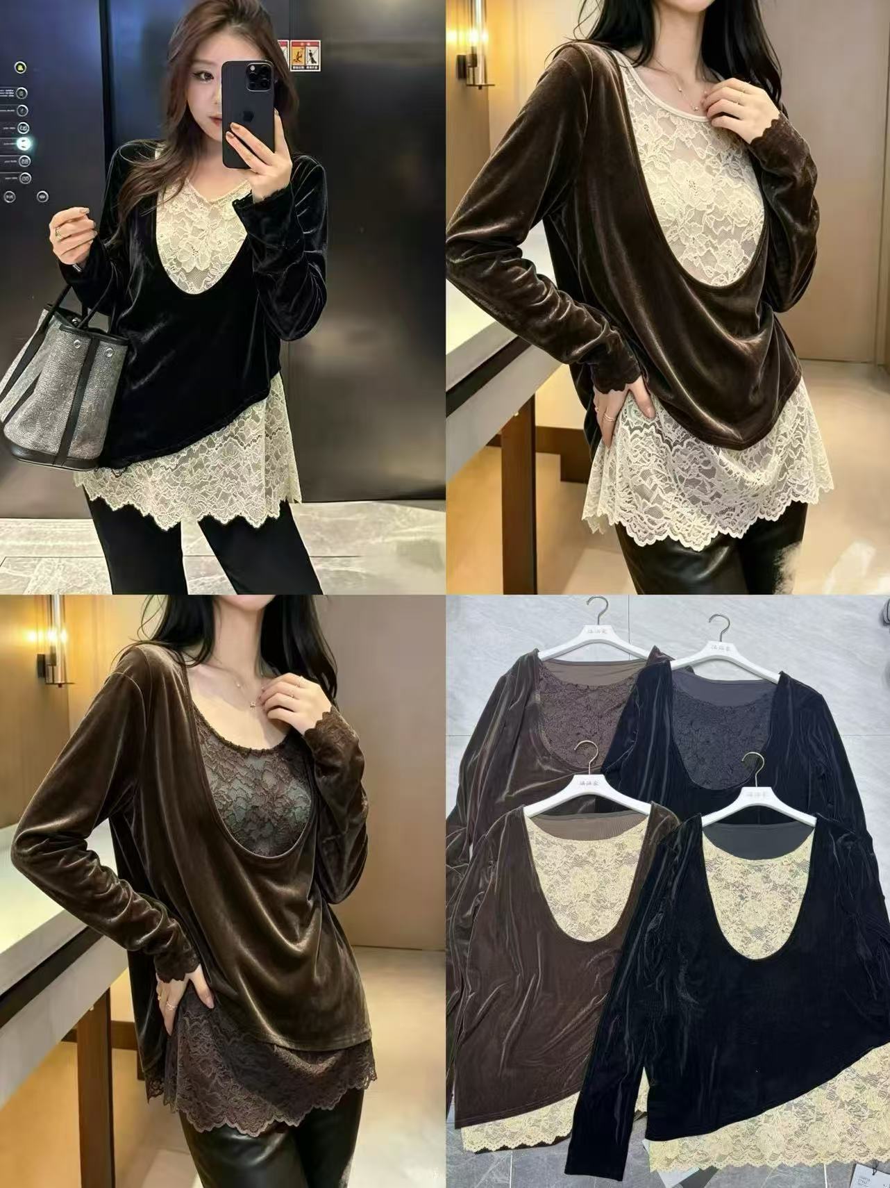 9693# 欧货高级感假两件蕾丝拼接丝绒小衫 0920