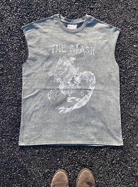 vintage the clash碰撞乐队美式复古重磅水洗Used washing砍袖T恤