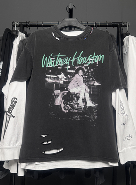 孤品手工！Whitney Houston惠特妮·休斯顿破洞真两件破坏贴布长T