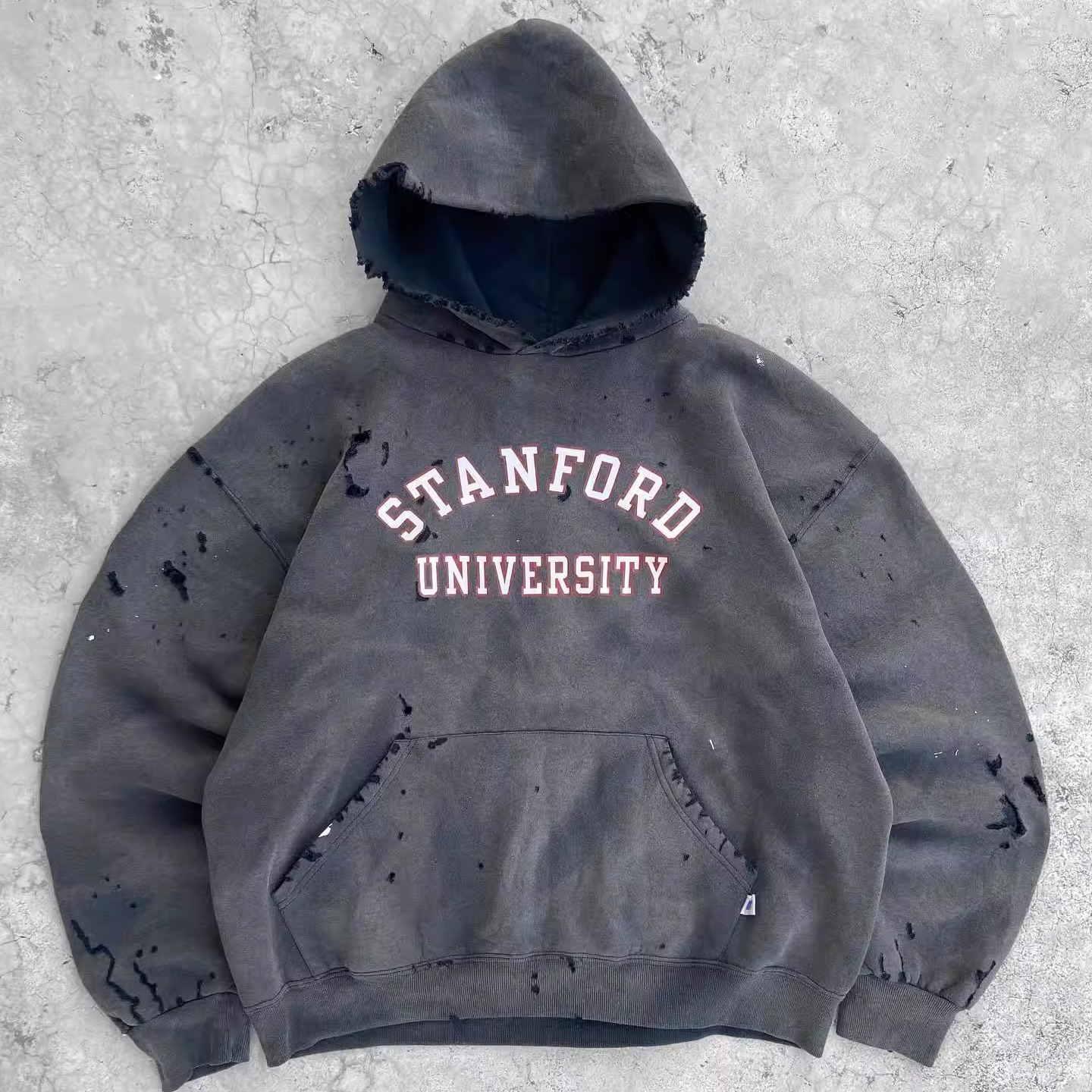 孤品手工！重磅美式STANFORD UNIVERSITY斯坦福大学破洞连帽卫衣