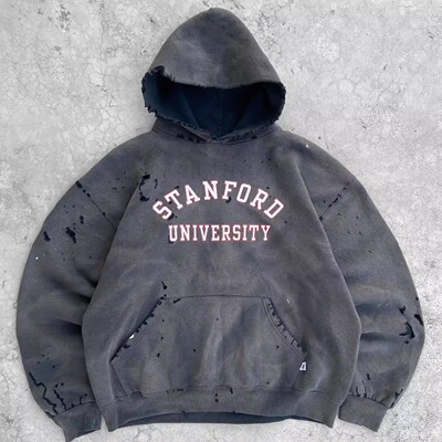 孤品手工！重磅美式STANFORD UNIVERSITY斯坦福大学破洞连帽卫衣