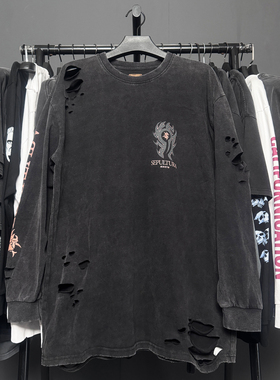 孤品手工！Sepultura神碑合唱团美式真两件破洞破坏Rap穿搭长T男