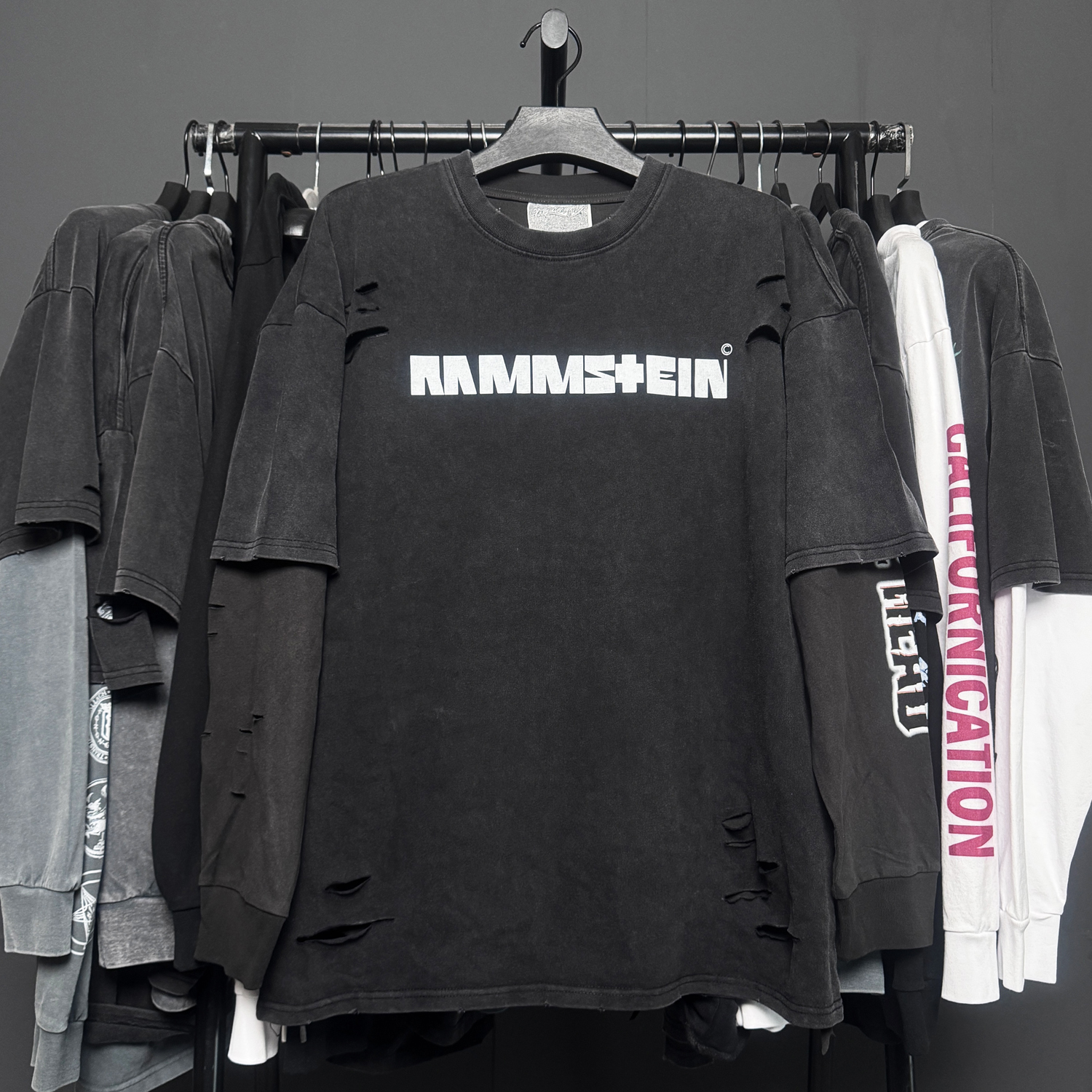 孤品手工！Rammstein德国战车简约重磅vintage短袖破洞破坏真两件