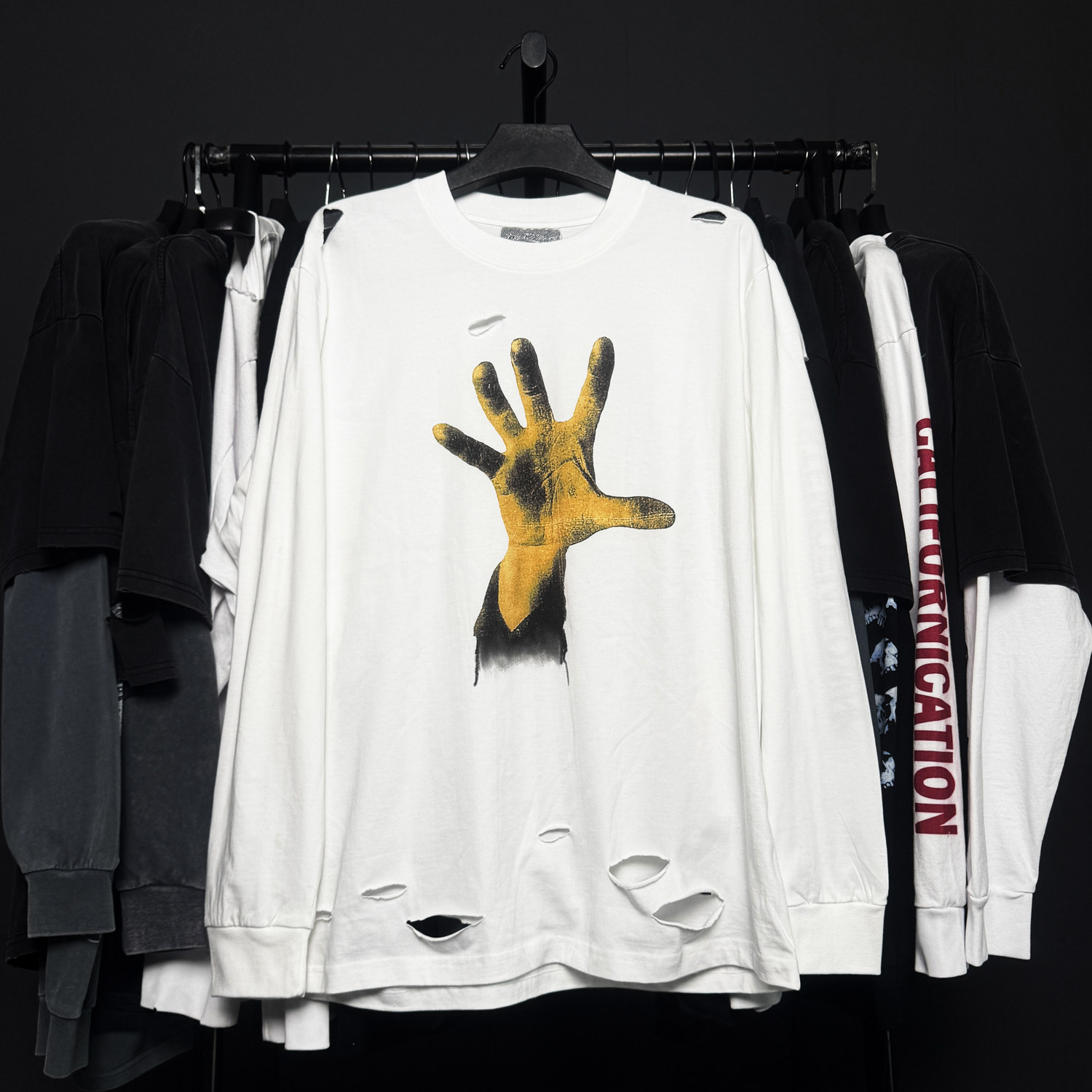 孤品手工！System of a Down Vintage破洞摇滚美式情侣款长袖T恤