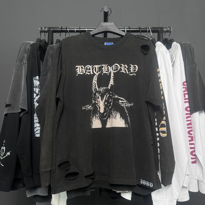 孤品手工！Bathory1984同名专辑Vintage水洗重磅暗黑破洞贴布长袖