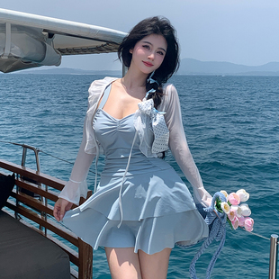 长袖 蓝色大码 保守罩衫 微胖mm泳衣女2025夏新款 防晒高级感 连体裙式