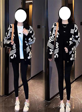 慵懒风时尚中长款针织衫女秋冬季毛衣开衫外套黑色长袖上衣外套潮