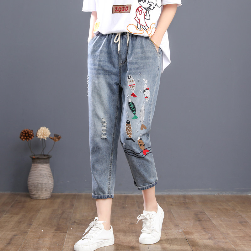 复古宽松大码卡通彩鱼刺绣牛仔七分裤女高腰显瘦八分哈伦裤薄夏裤