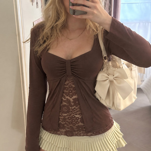 美式复古美拉德棕方领蕾丝上衣