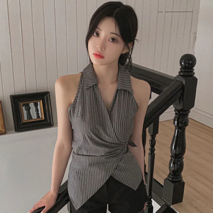 IUAE「高智通勤风」不对称polo领条纹背心女开叉一片式 无袖 衬衫