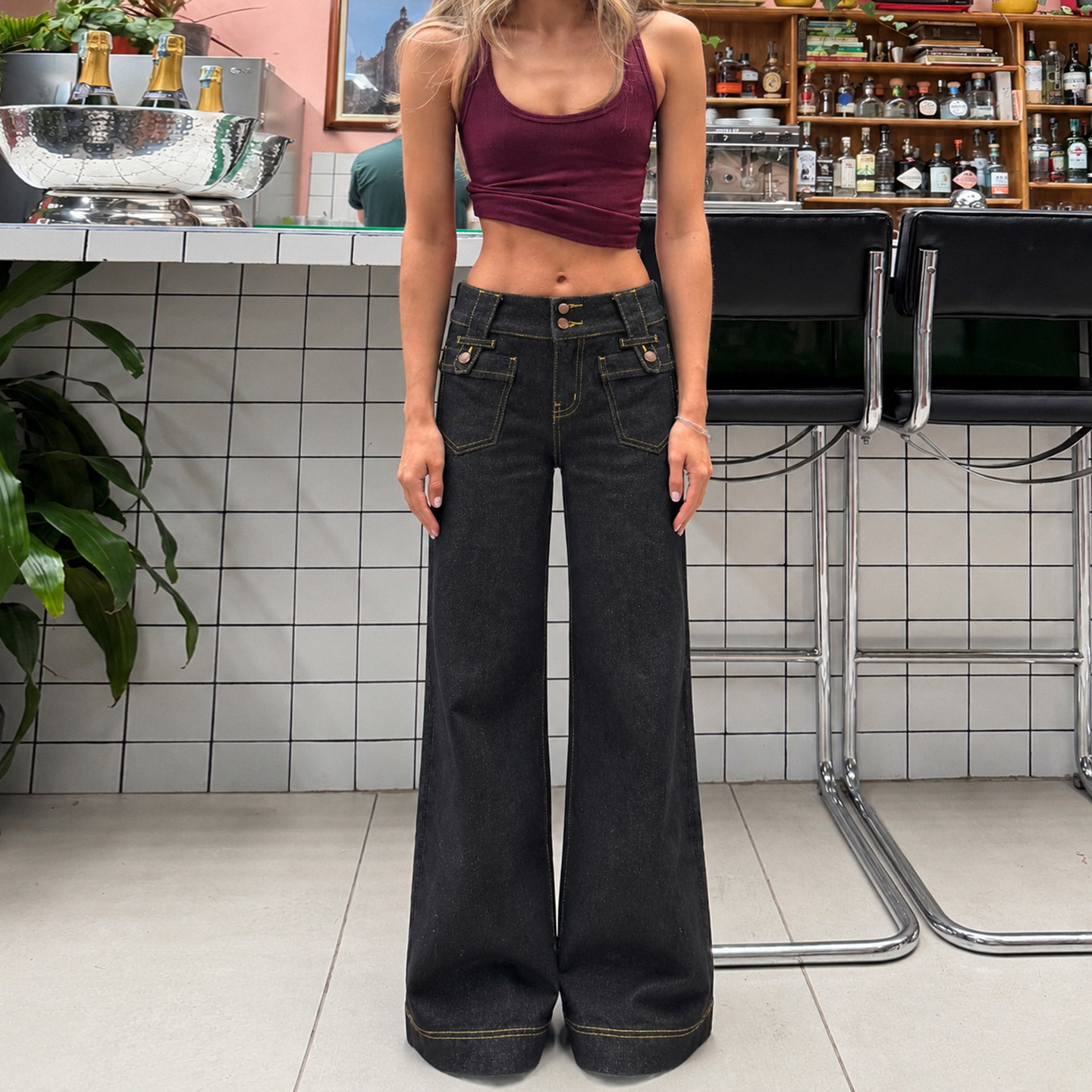 IUAE美式复古直筒牛仔裤女2026秋季新款低腰翻盖口袋显瘦拖地长裤