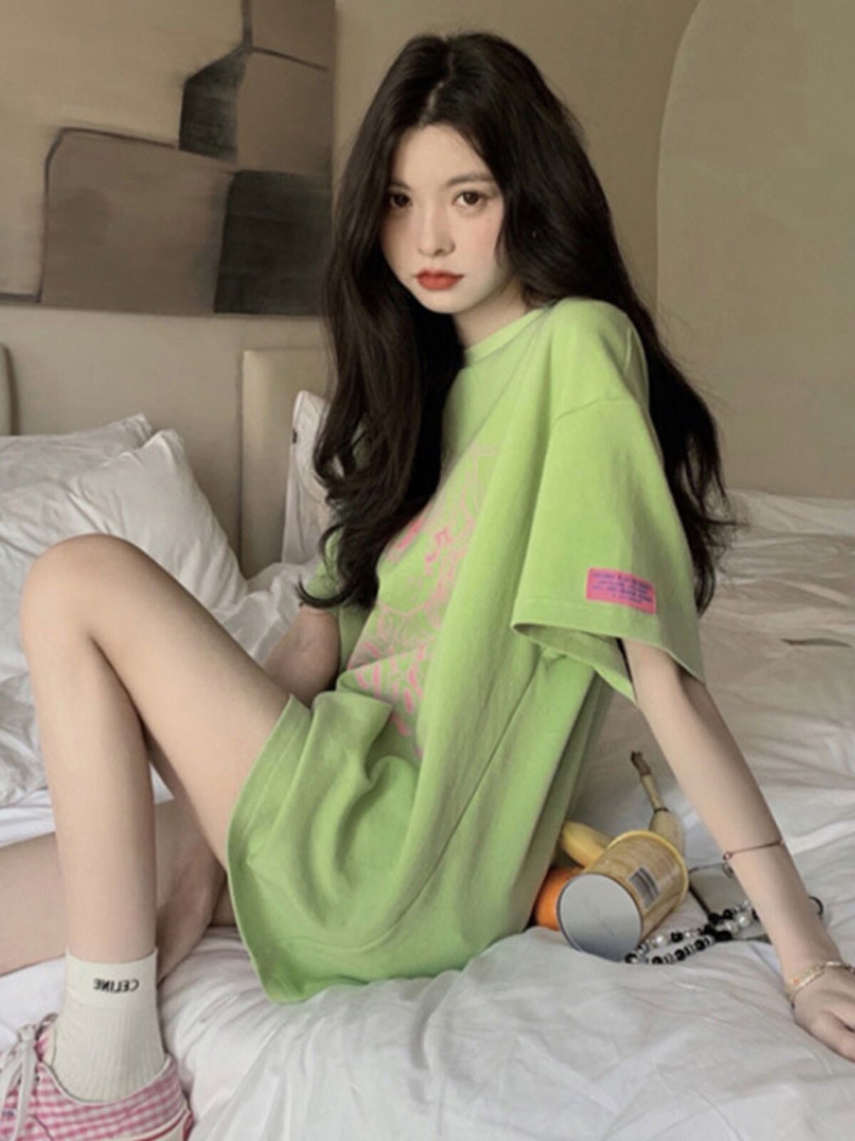 GREEN SHOULDER LOOSE T-SHIRT WOMENS SUMMER SHORT SLEEVE 2024 NEW MID LENGTH PLUS SIZE INS TRENDY DESIGN TOP