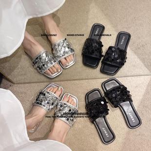 福建裕元鞋业女鞋百搭年一字拖鞋女夏外穿银色裙子配新款时尚亮片