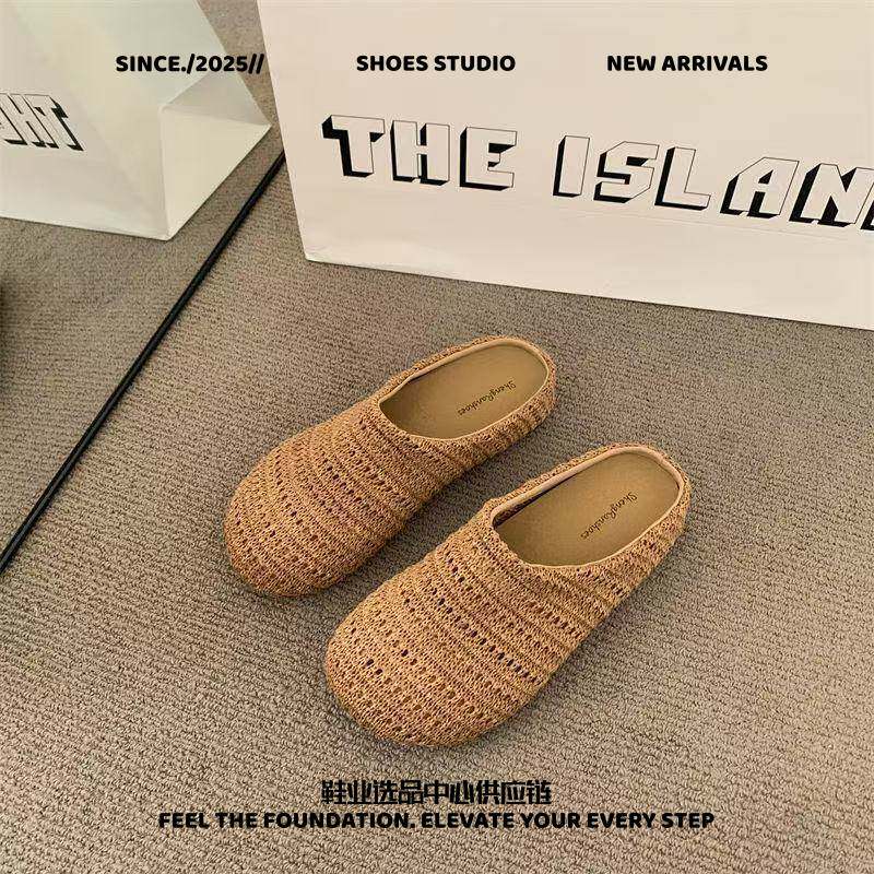 瑞安男鞋夏季新款针织透气包头凉拖鞋女外穿勃肯半拖一脚蹬福鞋单