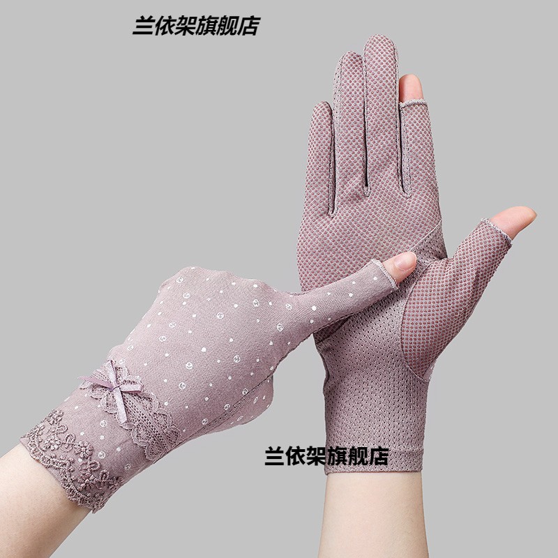 露二指开车夏季防晒手套女防紫外线透气防滑纯棉薄款骑车漏手指头